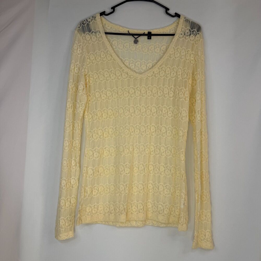 BKE Women's M Lace Long Sleeve Sheer Mesh Top Shirt Cream Cottagecore Boho